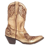 Gold cowboy boot with floral embroidery on vamp and shaft, stacked heel