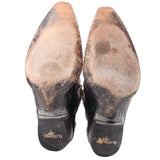 Women’s cowboy boot outsoles and heels in black with brown worn finish.