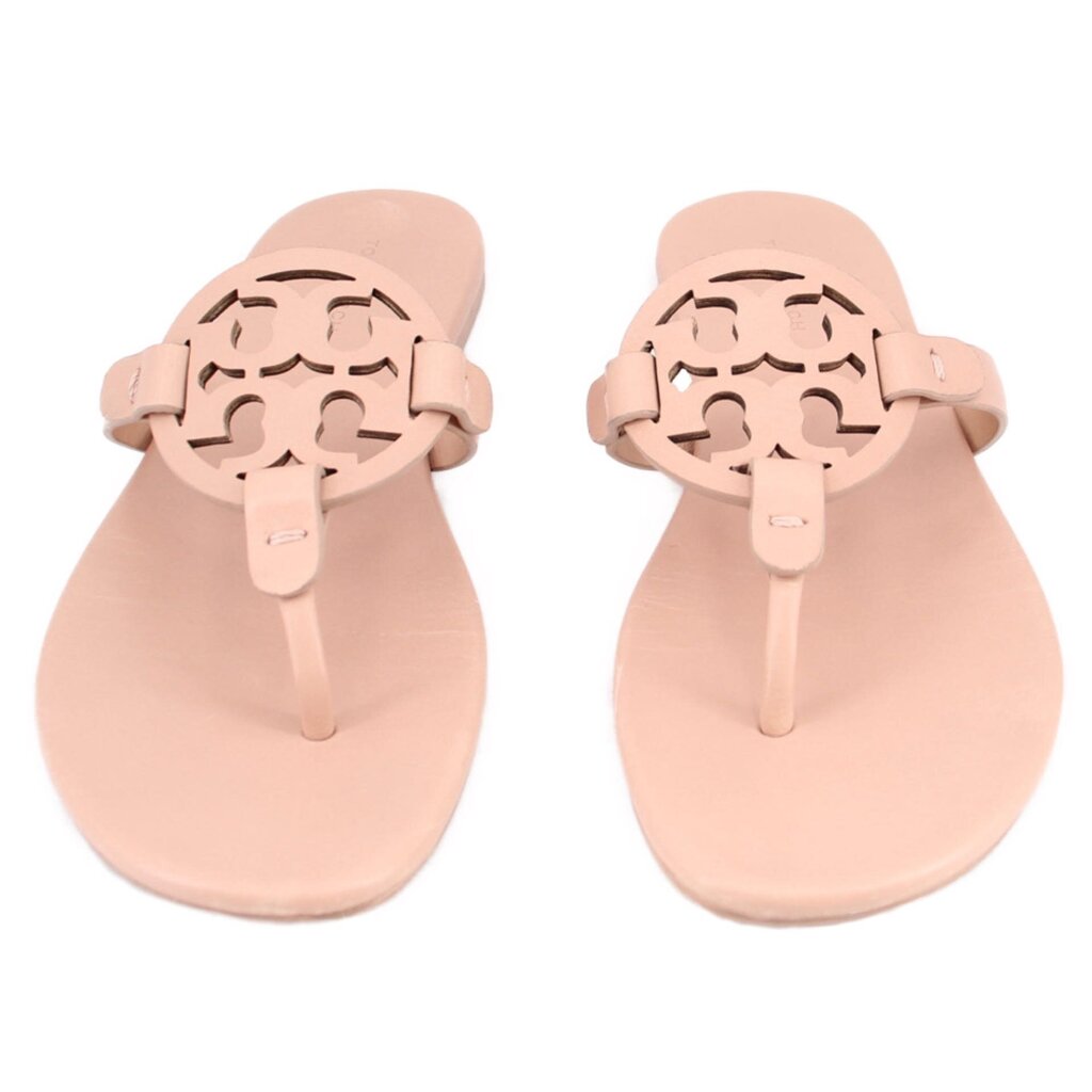 Tory Burch nude Miller flip-flop sandals, two-toe thong with cutout logo strap