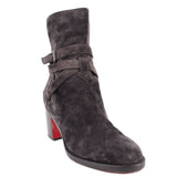 LOUBOUTIN gray suede ankle boots with wrap strap and block heel