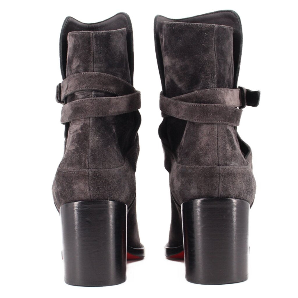 LOUBOUTIN gray suede ankle boots with back strap and block heel