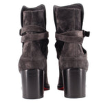 LOUBOUTIN gray suede ankle boots with back strap and block heel