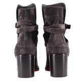 LOUBOUTIN gray suede ankle boots with back strap and block heel