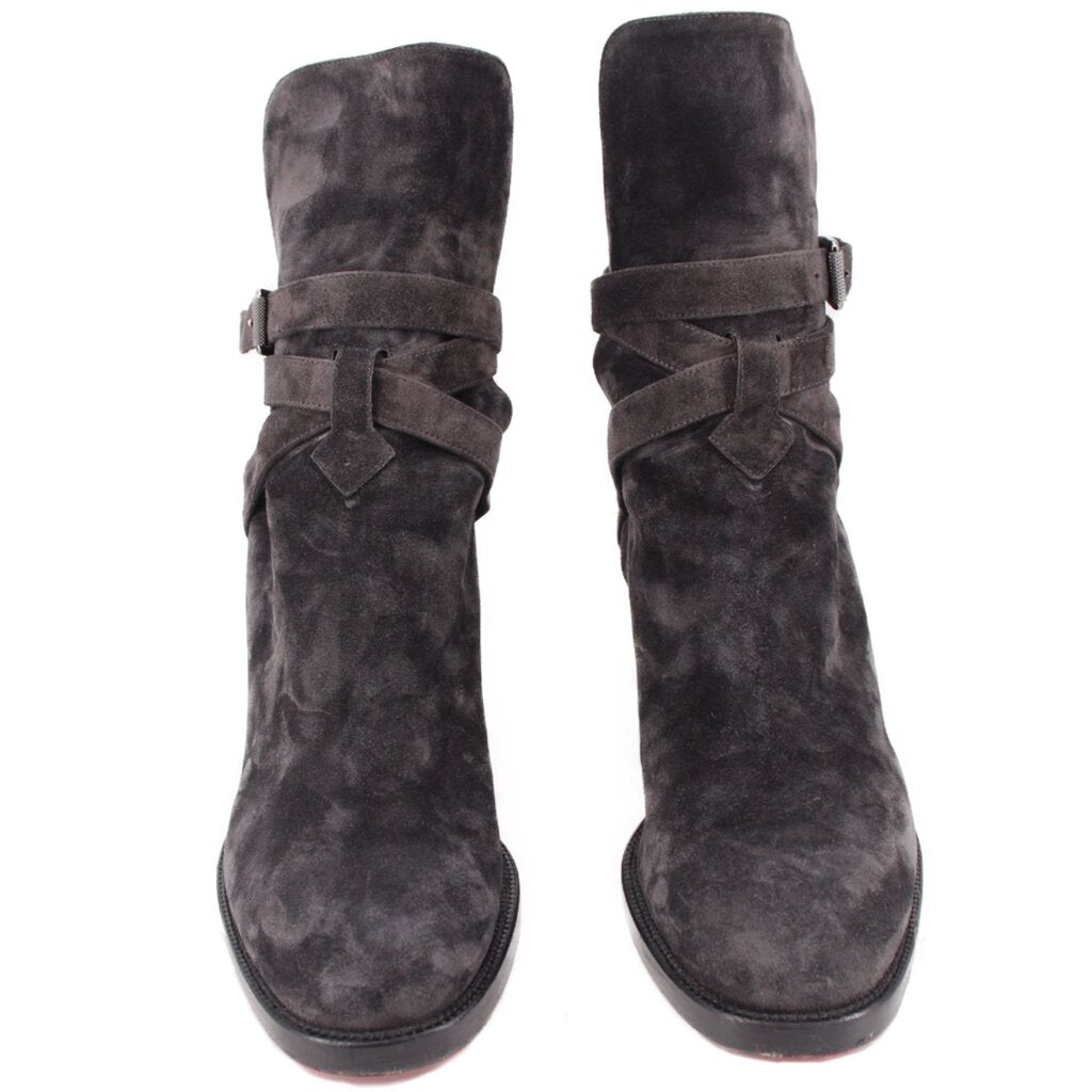LOUBOUTIN gray suede ankle boots, pair shown from front