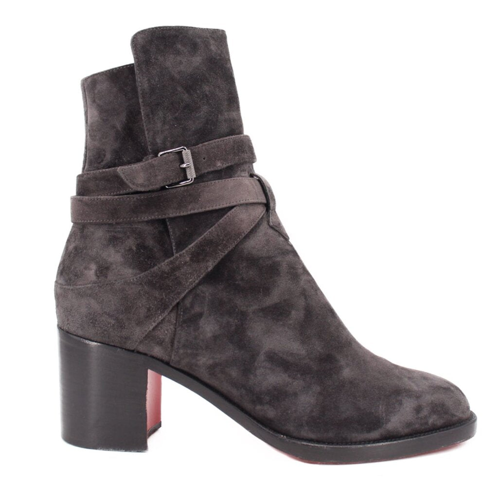 LOUBOUTIN gray suede ankle boots with buckle strap and block heel