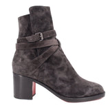 LOUBOUTIN gray suede ankle boots with buckle strap and block heel