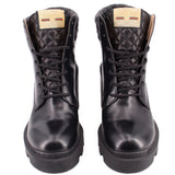 GUCCI platform boots, black leather, lace-up front with quilted collar and logo patch