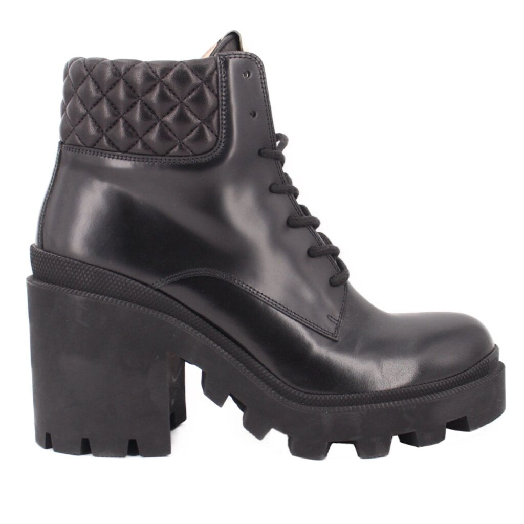 GUCCI platform lace-up boots, black leather, quilted side panel, high block heel