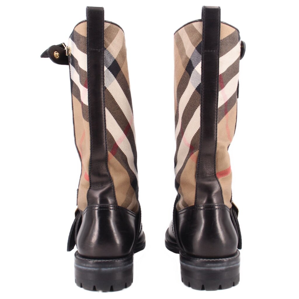 BURBERRY back view knee-high boots with black leather heel, buckle strap, check canvas