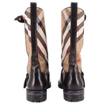 BURBERRY back view knee-high boots with black leather heel, buckle strap, check canvas