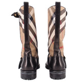 BURBERRY back view knee-high boots with black leather heel, buckle strap, check canvas
