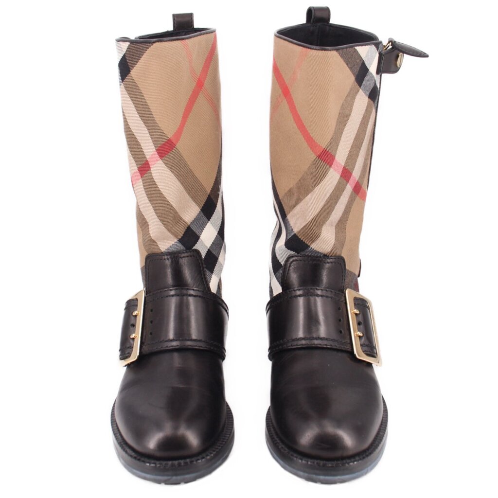Pair of BURBERRY knee-high boots with black leather straps and beige/black check shafts
