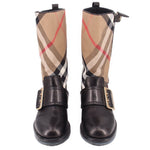 Pair of BURBERRY knee-high boots with black leather straps and beige/black check shafts