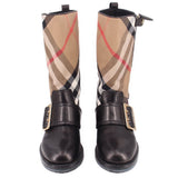 Pair of BURBERRY knee-high boots with black leather straps and beige/black check shafts