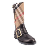 BURBERRY knee-high boots with black leather toe and buckle straps, check canvas shaft