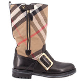 BURBERRY knee-high boots with front zipper, buckle strap, and beige/black check fabric