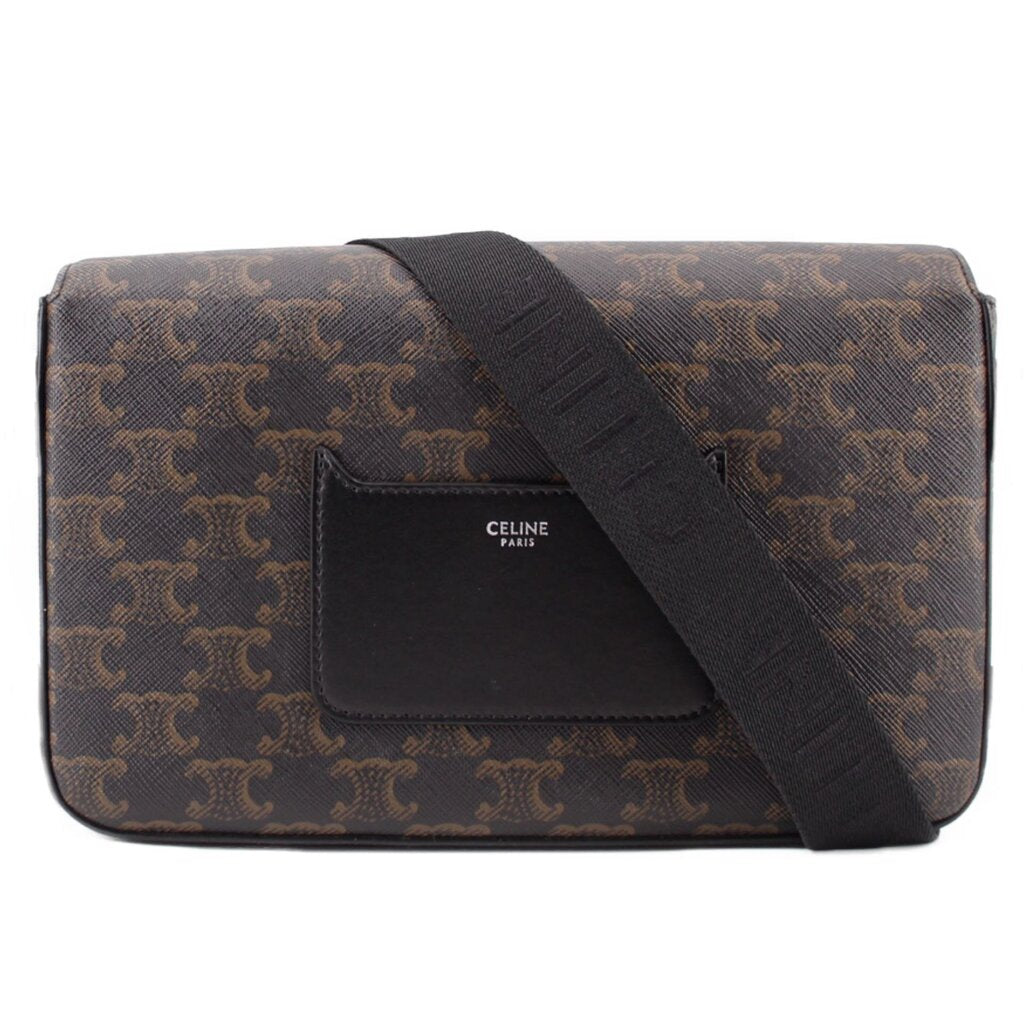 Flap messenger crossbody bag in brown patterned canvas, front pocket and dark strap