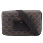 Flap messenger crossbody bag in brown patterned canvas, front pocket and dark strap