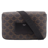 Flap messenger crossbody bag in brown patterned canvas, front pocket and dark strap