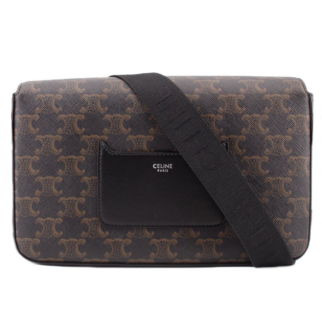 Triomphe monogram crossbody messenger bag with flap, dark strap, leather trim