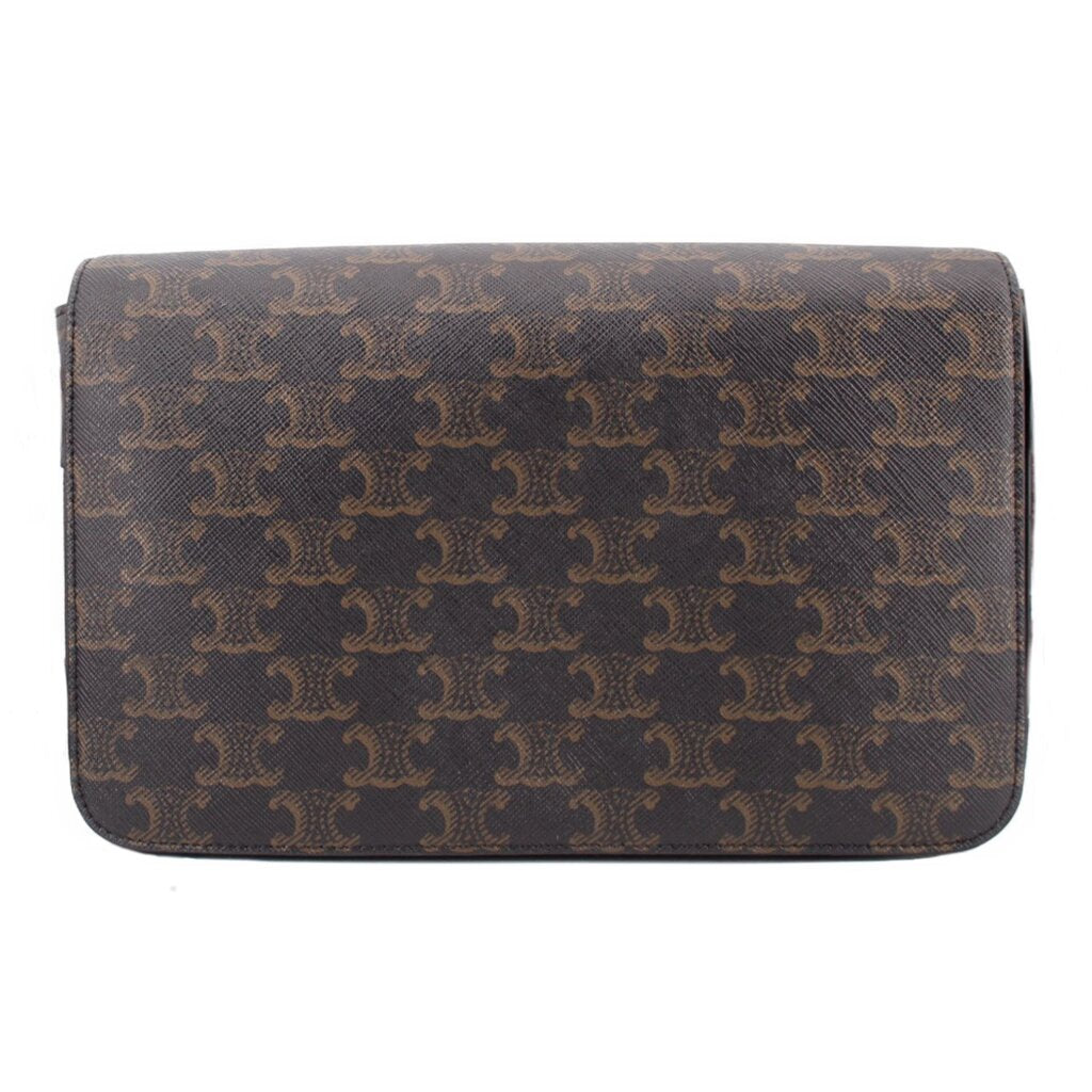 Brown patterned crossbody bag, smooth back panel with rounded flap
