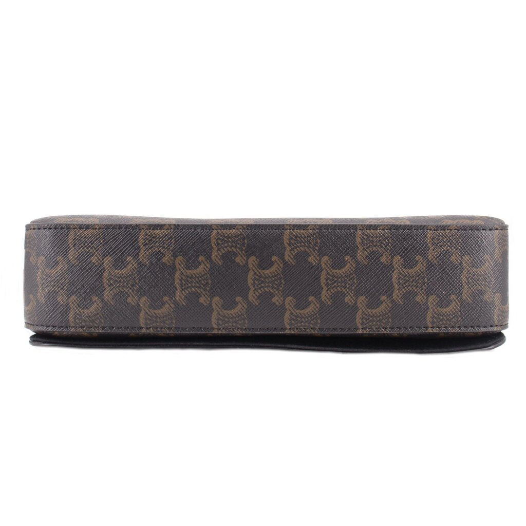 Triomphe monogram crossbody bag base view, flat bottom, dark brown and tan
