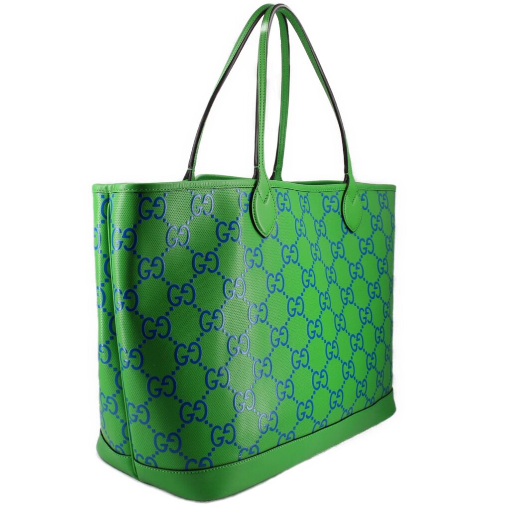 GUCCI GG large tote bag, green with navy GG monogram print and curved side profile