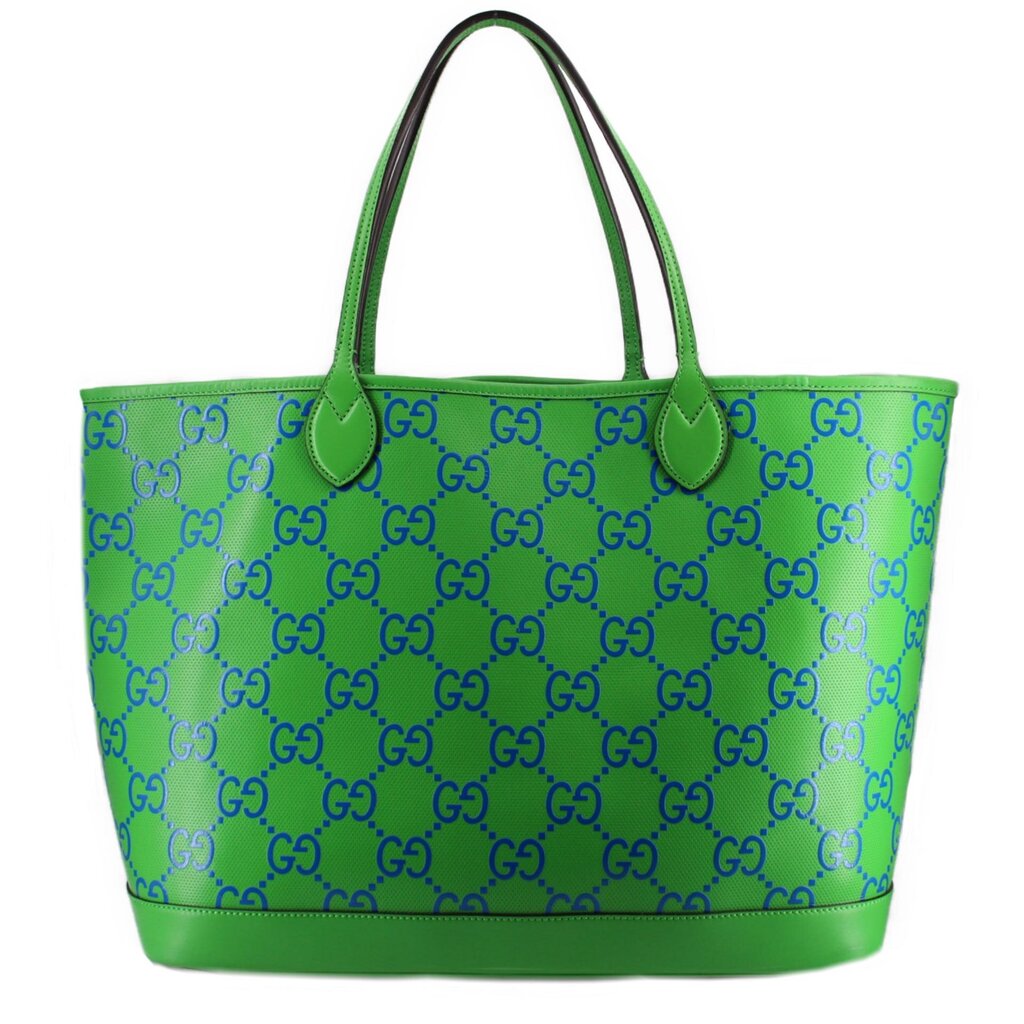 GUCCI GG large tote bag in green with navy GG monogram pattern and leather handles