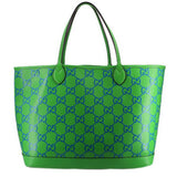 GUCCI GG large tote bag in green with navy GG monogram pattern and leather handles