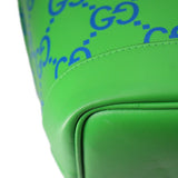 GUCCI GG tote bag corner detail with green leather trim and blue GG monogram print