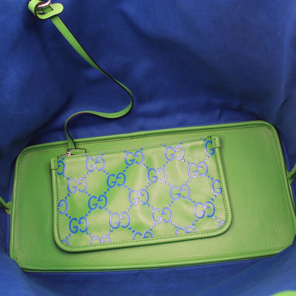 GUCCI GG tote bag interior pocket with green lining and navy GG monogram zip pouch