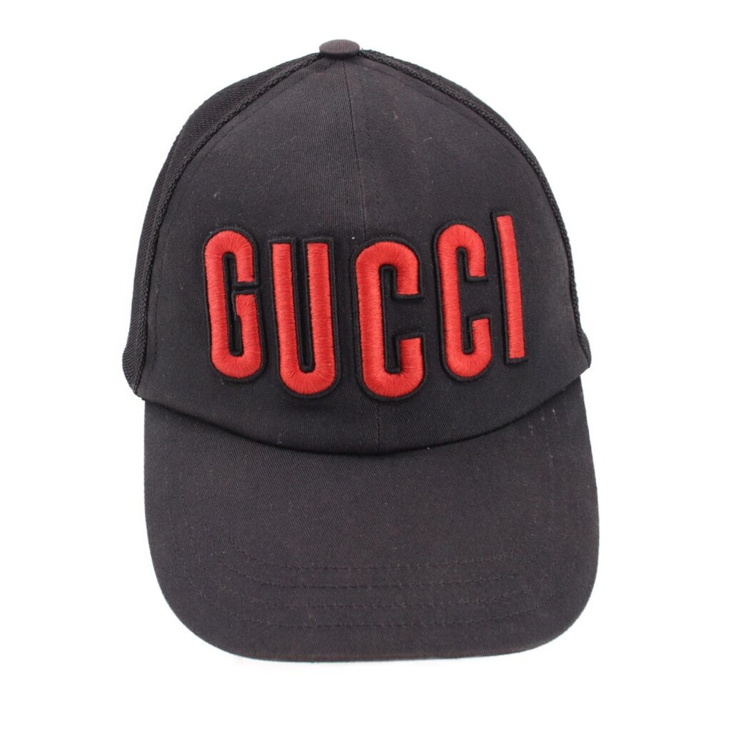 Black cap with red embroidered GUCCI logo on front
