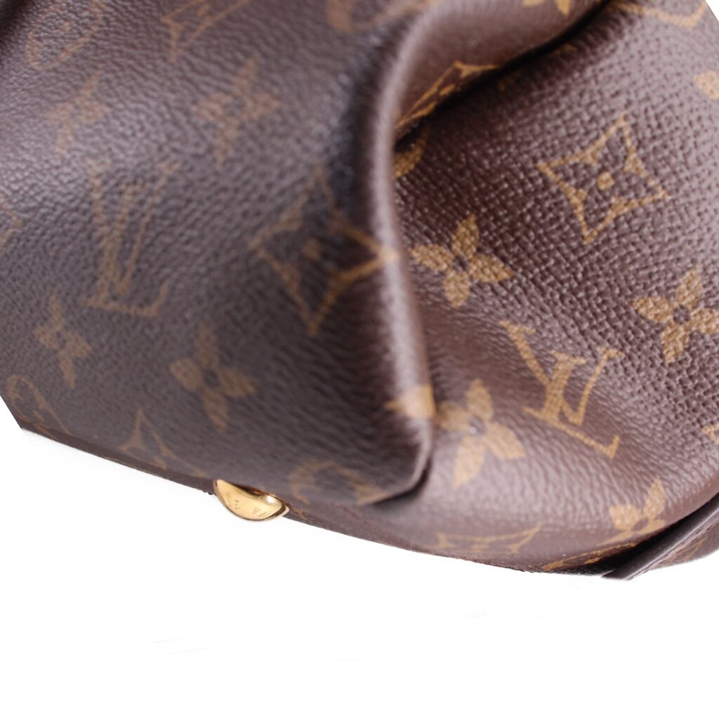 Louis Vuitton Pallas MM monogram satchel corner detail with leather trim and seam