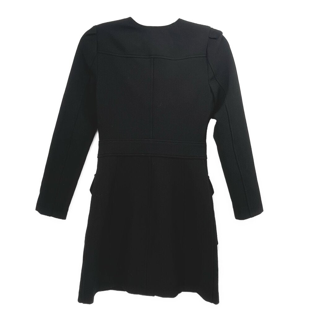 Black long-sleeve dress with curved back yoke and gathered waist seam