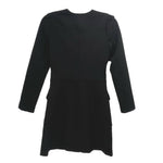 Black long-sleeve dress with curved back yoke and gathered waist seam