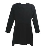 Black long-sleeve dress with curved back yoke and gathered waist seam