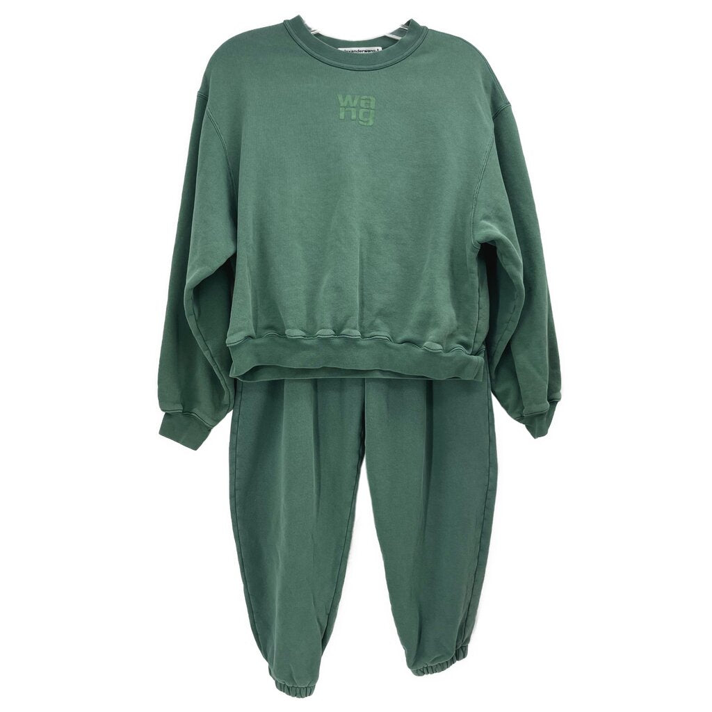 Green knit crewneck top and matching cuffed jogger pants set