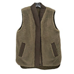 Reversible sherpa vest in tan with front pockets and snap front