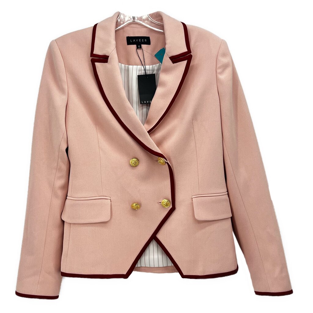 Double-breasted pink blazer with burgundy trim, gold buttons, flap pockets