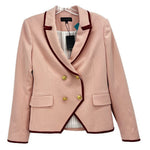 Double-breasted pink blazer with burgundy trim, gold buttons, flap pockets