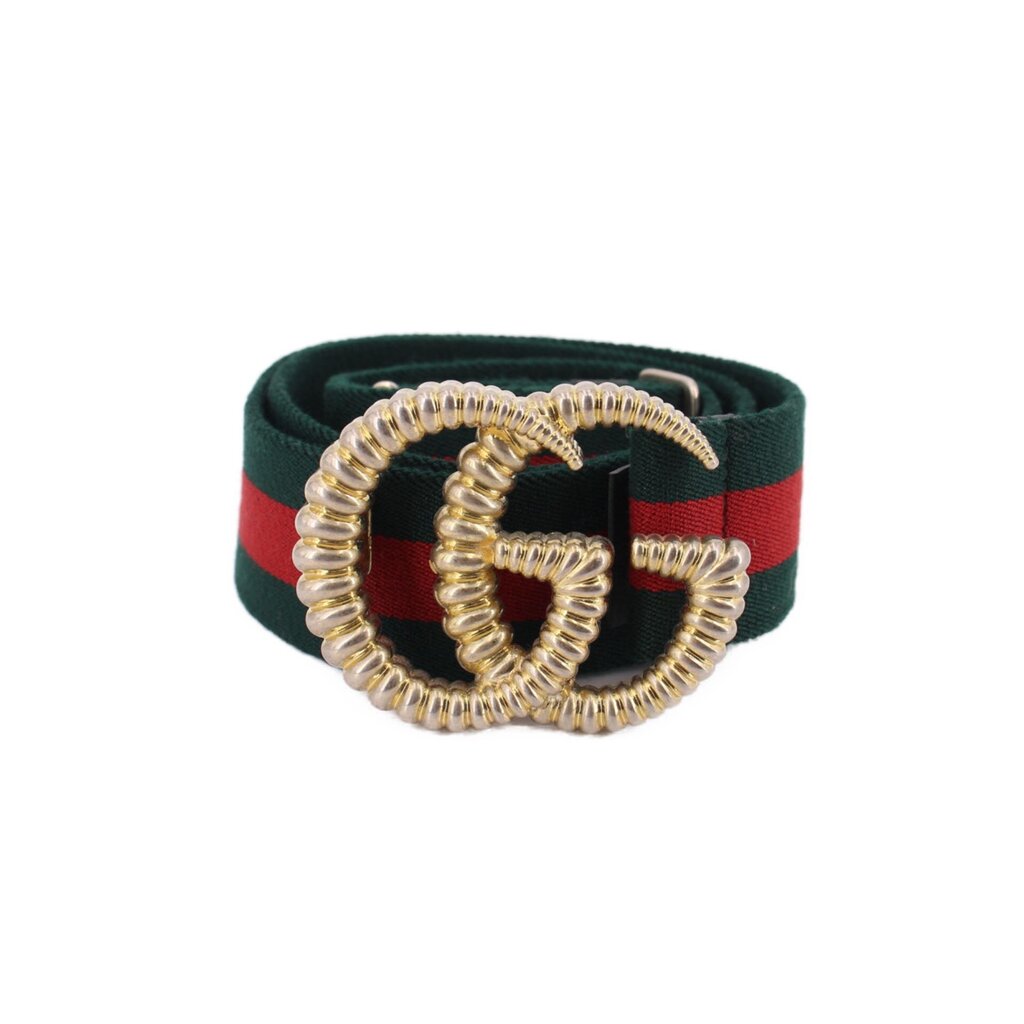 GUCCI Marmont web belt with green and red stripes and gold-tone double G buckle