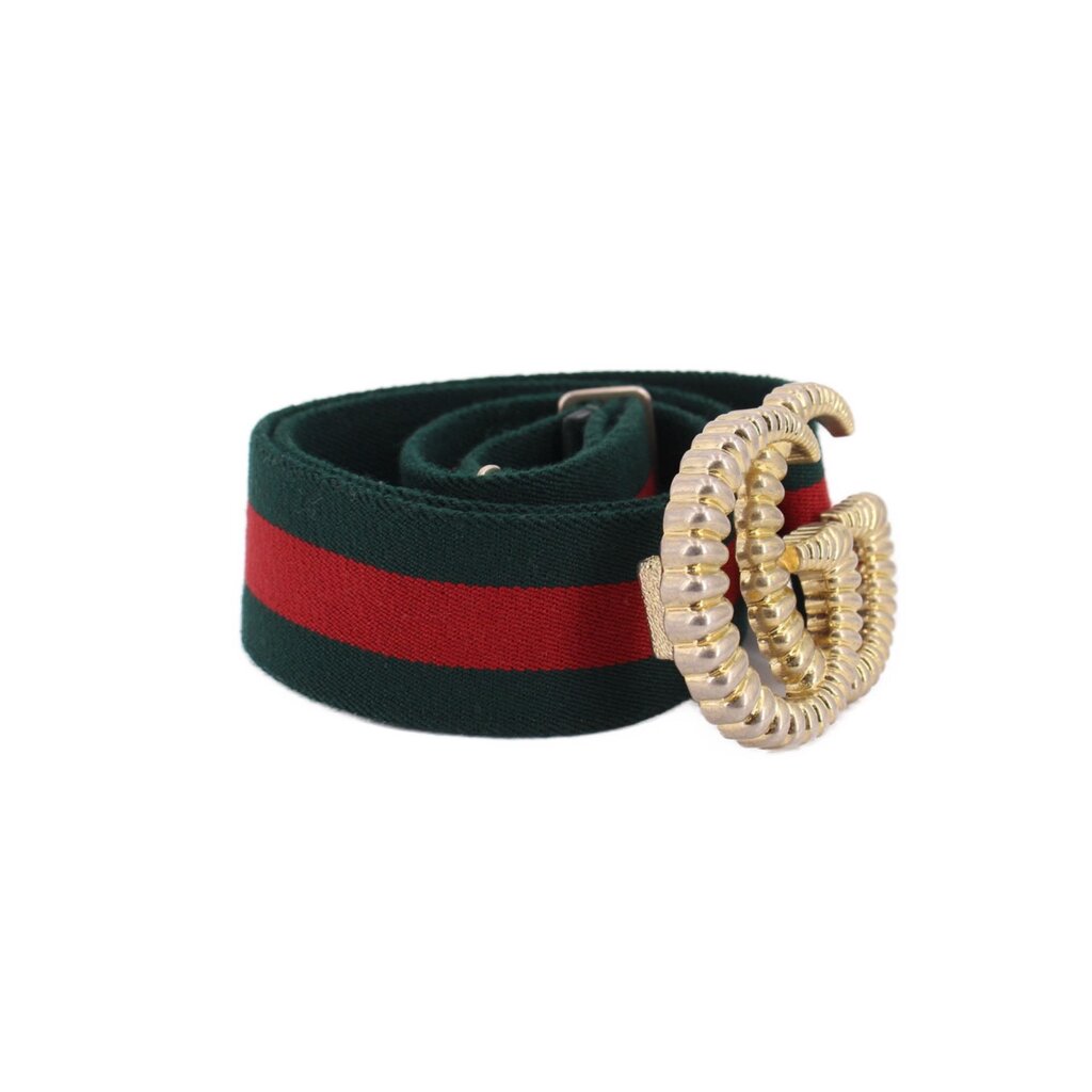 GUCCI Marmont web belt in green and red stripes with side gold-tone buckle