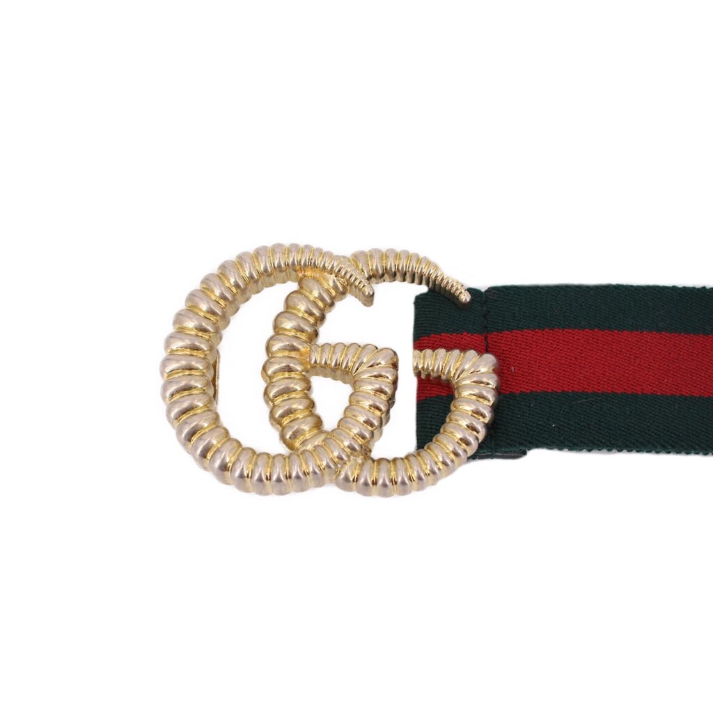 GUCCI Marmont belt close-up with gold-tone double G buckle on green/red strap