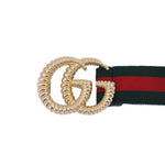 GUCCI Marmont belt close-up with gold-tone double G buckle on green/red strap