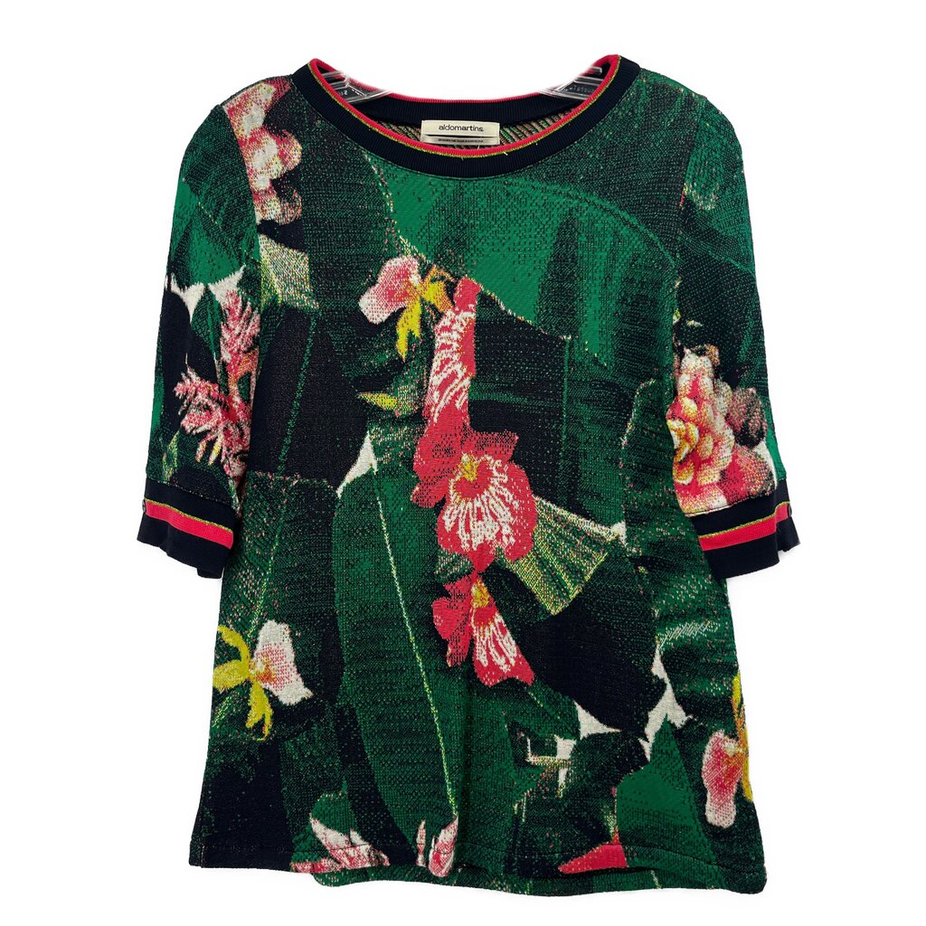 Green floral print knit top with crew neck and striped cuffs and hem