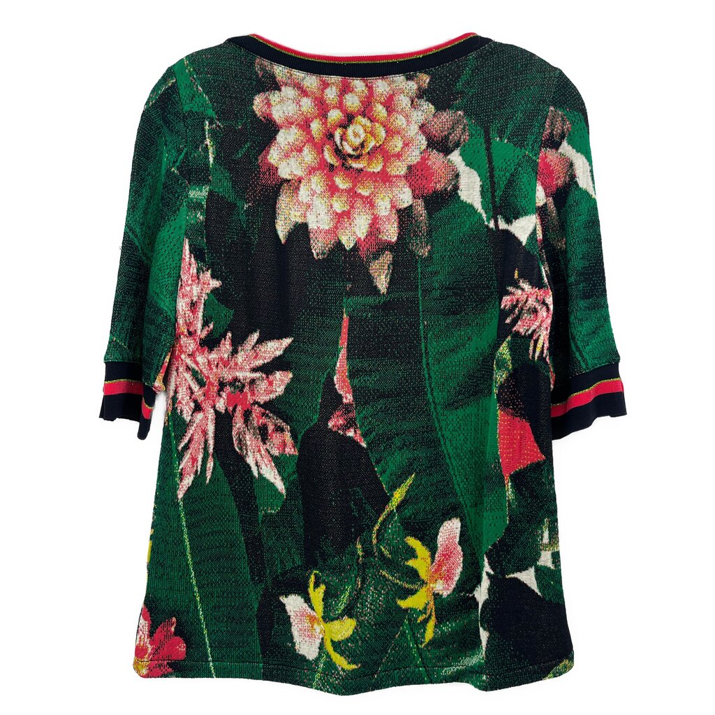 Green floral print knit top with crew neck and striped sleeve cuffs
