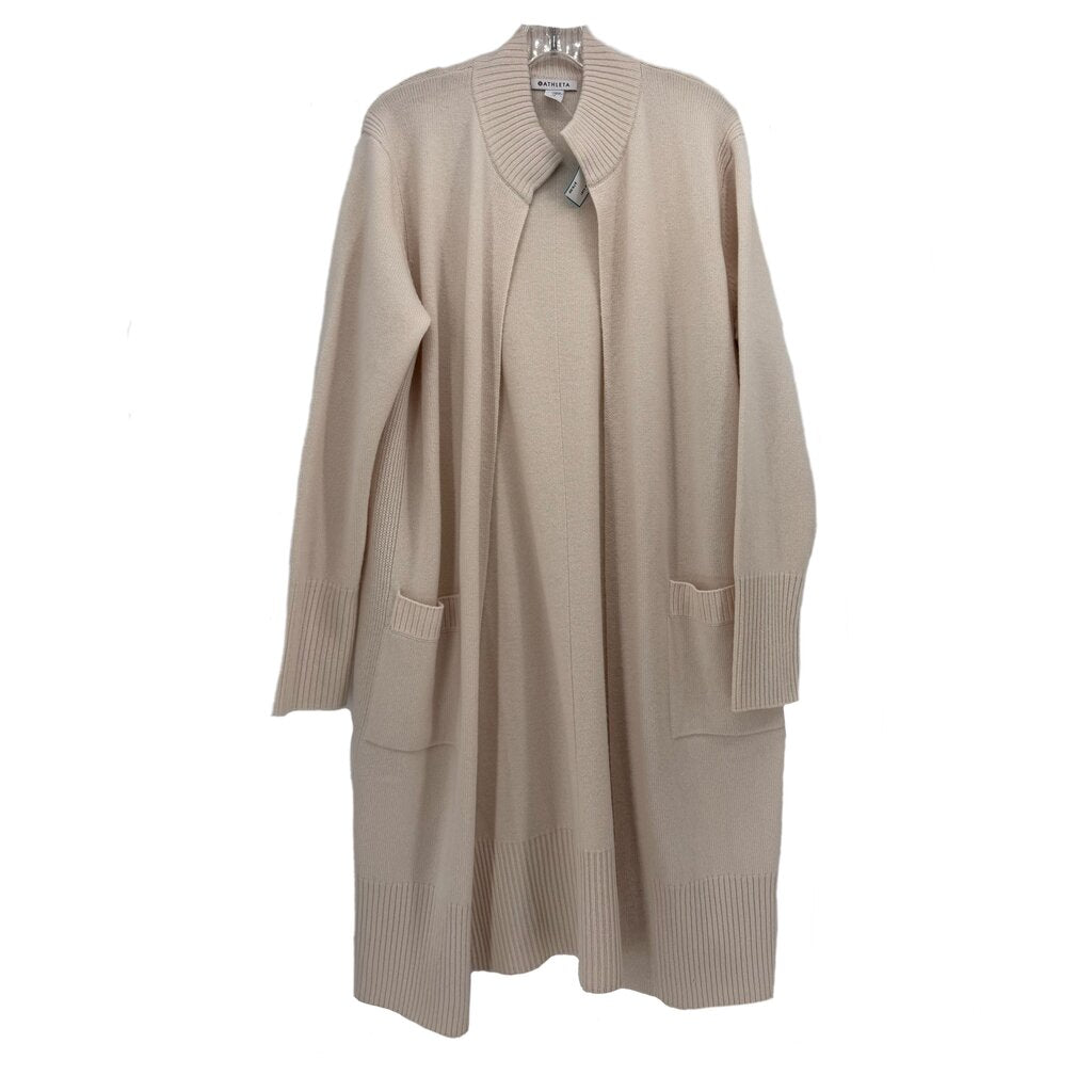 Athleta knit cardigan, cream, long sleeve, front patch pockets, ribbed trim