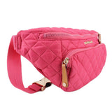 Pink quilted sling belt bag with front zip pocket and adjustable strap, metal hardware