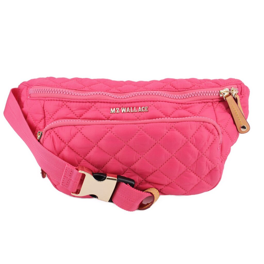 Pink quilted sling belt bag with diamond stitching and zip top, MZ WALLACE logo