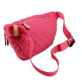 Pink quilted sling belt bag with top handle, adjustable strap and gold-tone hardware
